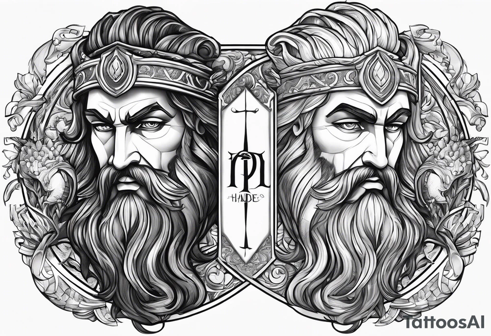 Poseidon and hades back to back with font in between and year of birth underneath tattoo idea
