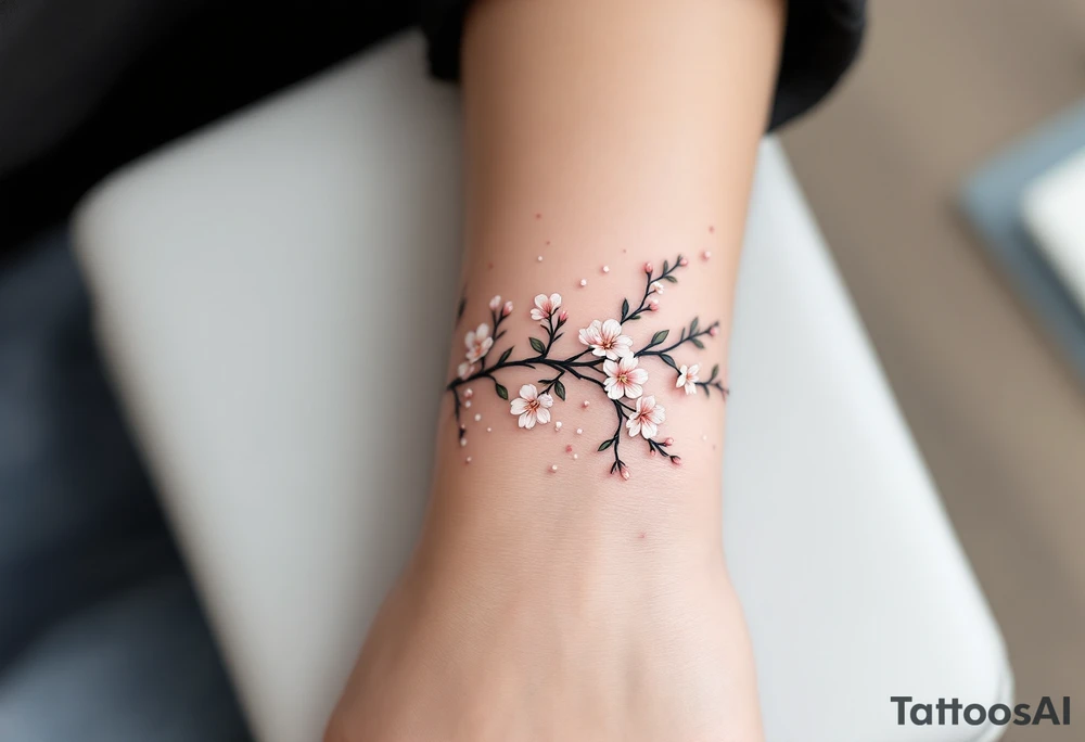 Cherry Blossom Wrist Wrap – A vine-like tattoo wrapping around the wrist like a bracelet, with tiny blossoms in light pink, dusty rose, and soft white. tattoo idea
