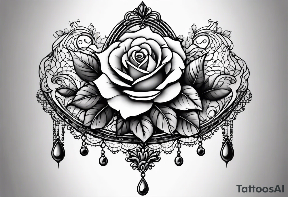 A chandelier style rose with Gothic Victorian lace on shoulder tattoo idea