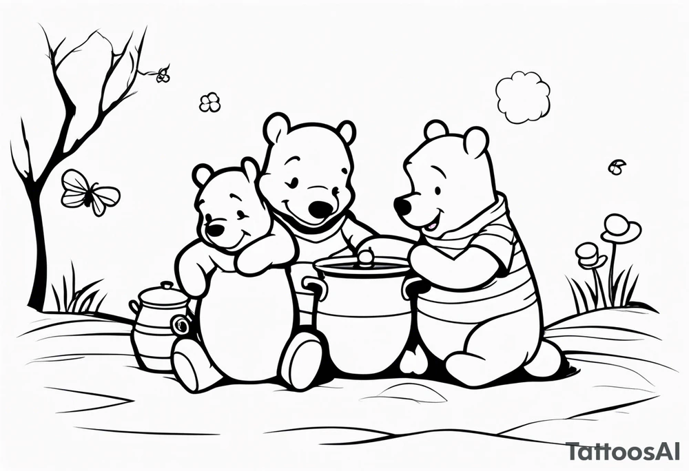 Winnie the Pooh with Piglet and Tigger and Hunny Pot tattoo idea