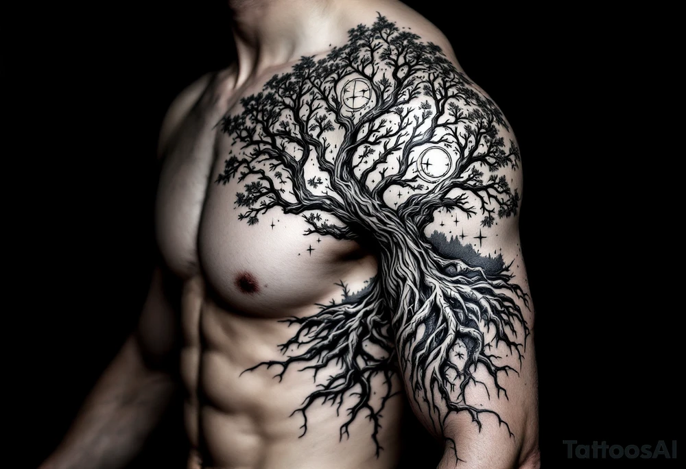 mystical tree of life with cosmic roots and celestial branches tattoo idea
