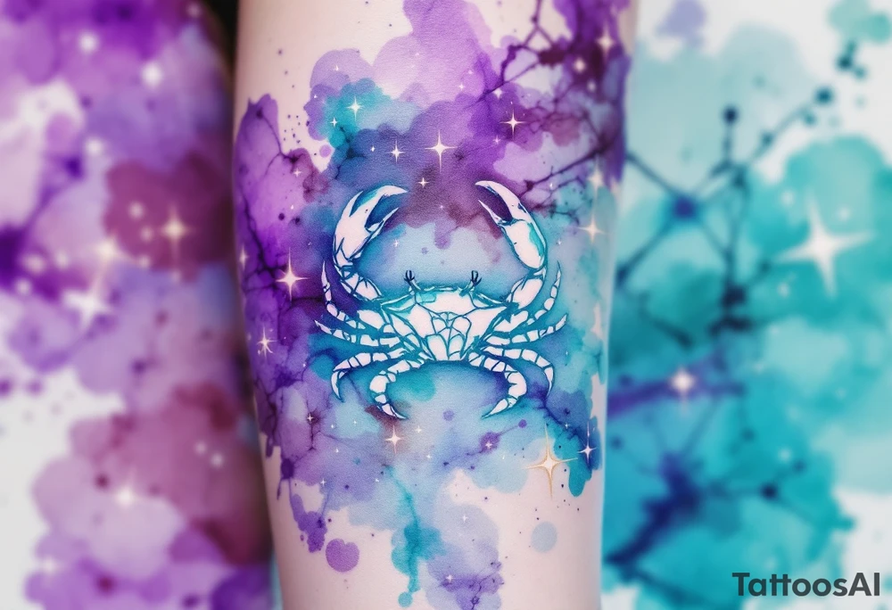 Violet and turquoise watercolor splash behind the Cancer stars constellation, with the crab subtly hidden in the background. tattoo idea