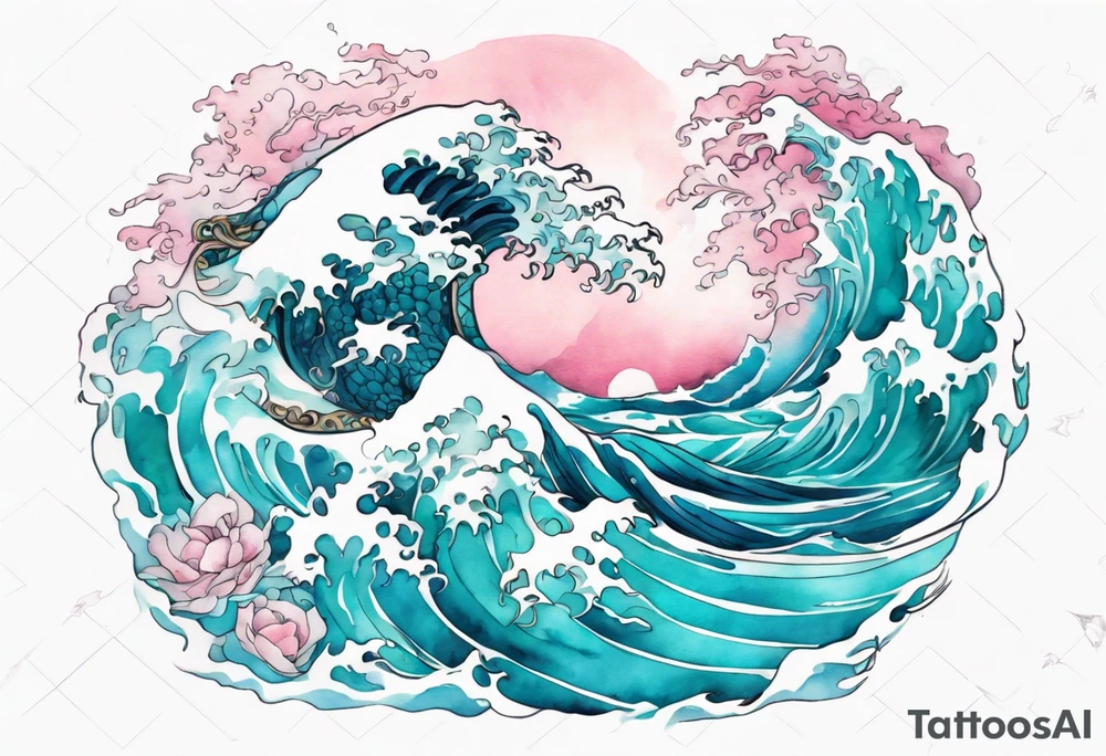 a beautiful turquoise and white and pink Scylla rising from the blue waves of the ocean tattoo idea