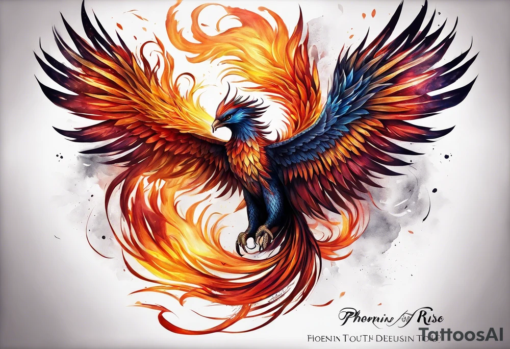 Phoenix on hip down into thigh with quote "from the Ashes I rise" long tail featgers tattoo idea