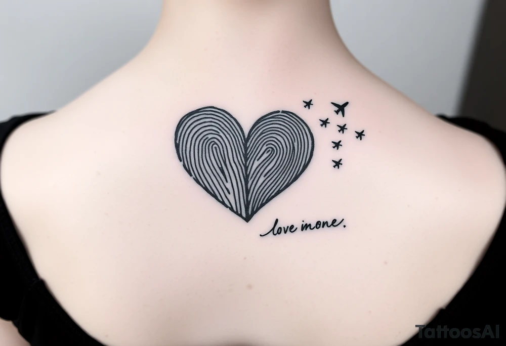 Two fingerprints merged into a heart shape, with the top right edge breaking away into a few small planes flying into the sky.

Signature Beneath the heart in the loved one’s handwriting flowing up into the heart tattoo idea