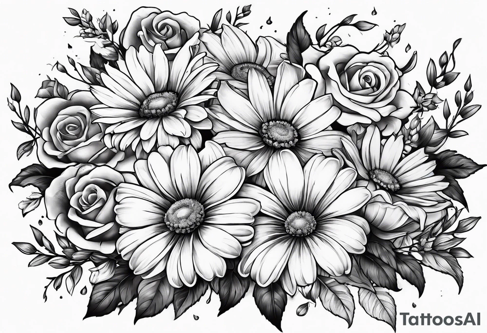Boquet of daisys and roses on fire tattoo idea