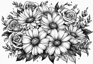 Boquet of daisys and roses on fire tattoo idea