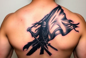 A tattered pirate flag with Jack Sparrow’s silhouette, flowing dramatically in the wind, done in black and gray ink with faint red highlights tattoo idea