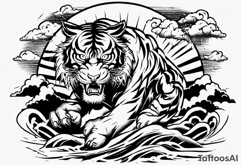 Tiger with lightning and the sun in the background for a forearm tattoo tattoo idea