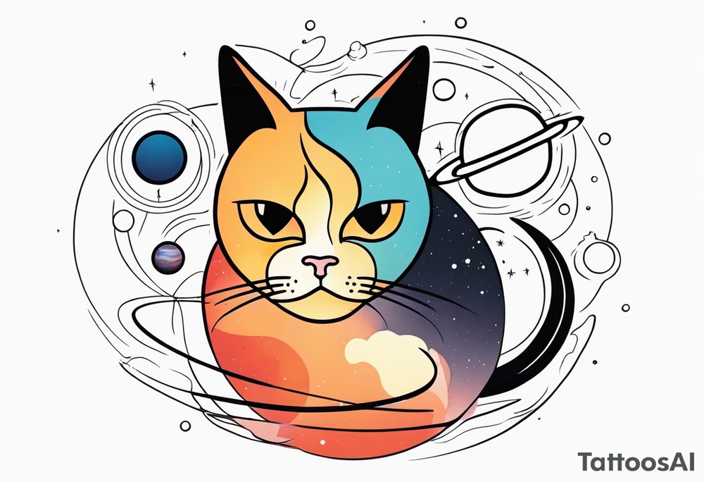 cat with an angry face surrounded by planets tattoo idea cat with an angry face surrounded by planets tattoo idea