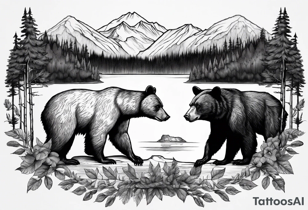 black bear over a forest with a lake below tattoo idea black bear over a forest with a lake below tattoo idea