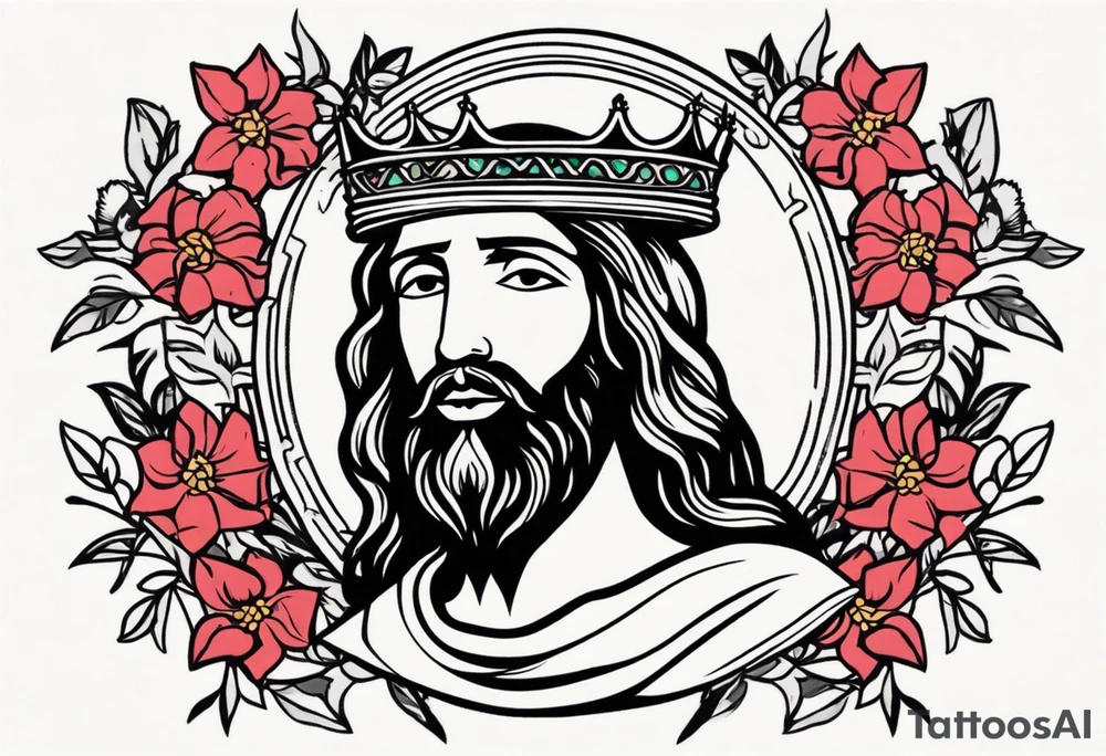 jesus with crown

old school vintage simple traditional design with vintage flowers surrounding
bold color simple tattoo idea