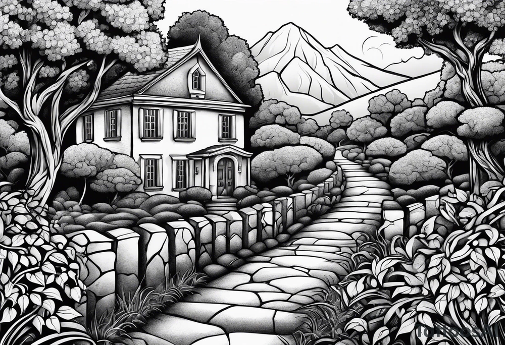stone road over leafy vines tattoo idea