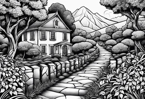 stone road over leafy vines tattoo idea