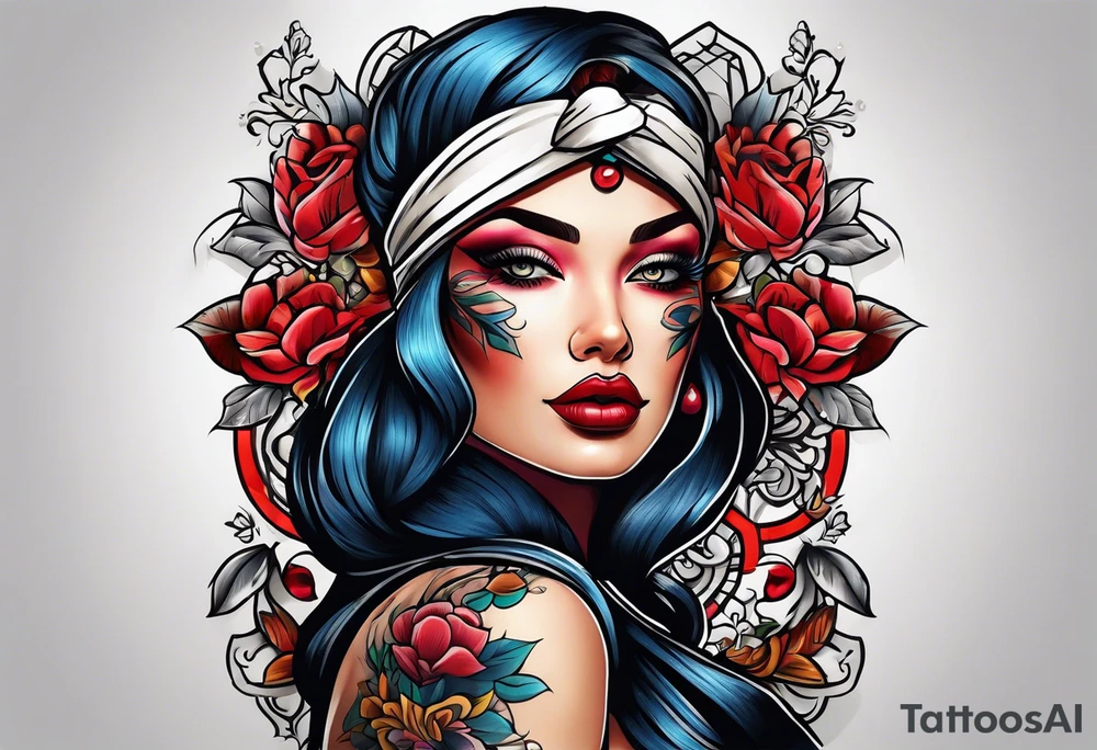 Bold Neo traditional blindfolded woman tattoo idea