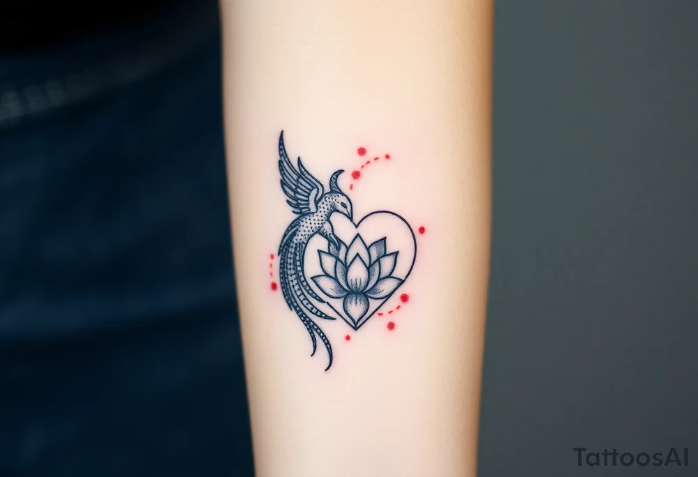 the phoenix and hour glass with lotus flower in kintsugi heart design tattoo idea