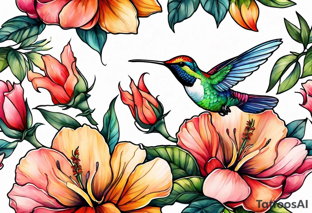 Flowers and humming bird with the name Kieanna tattoo idea