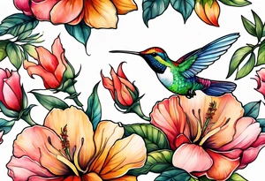 Flowers and humming bird with the name Kieanna tattoo idea