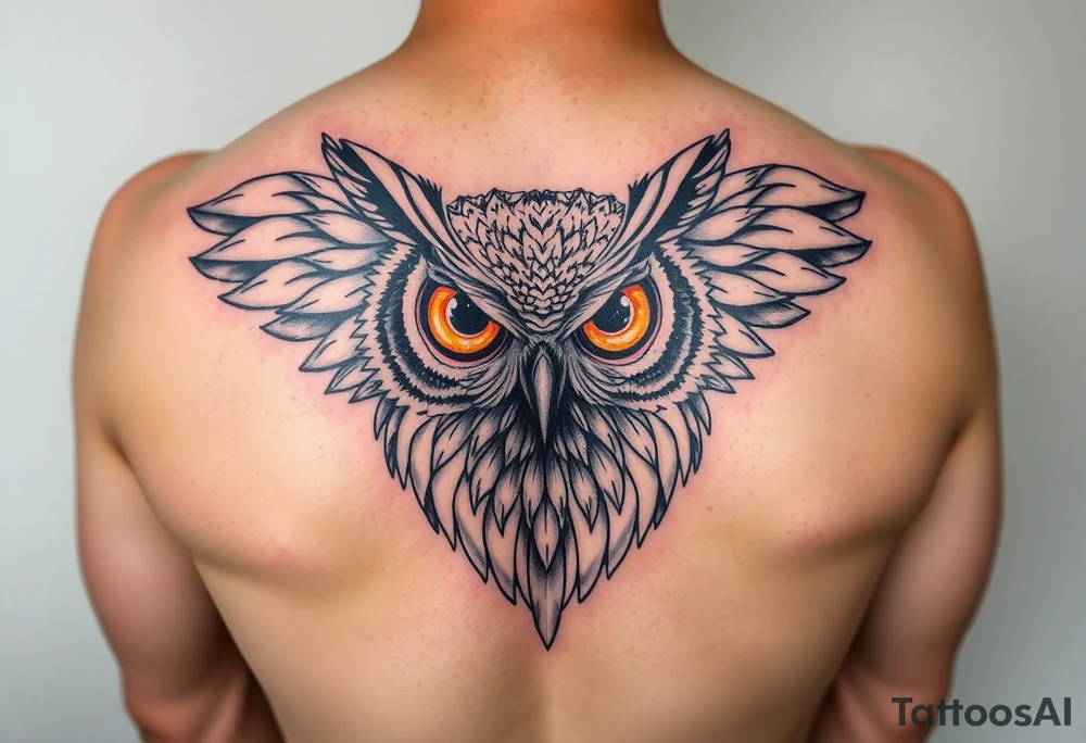 Abstract large colored tripping eye owl with less feathers tattoo idea