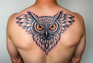 Abstract large colored tripping eye owl with less feathers tattoo idea