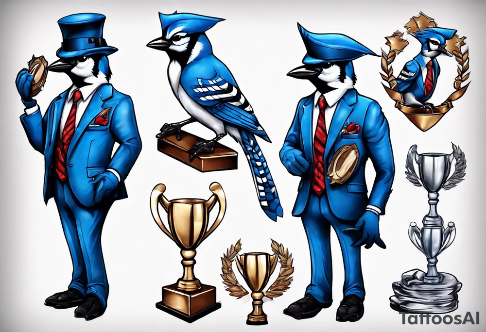 bluejay in a suit holding a trophy tattoo idea
