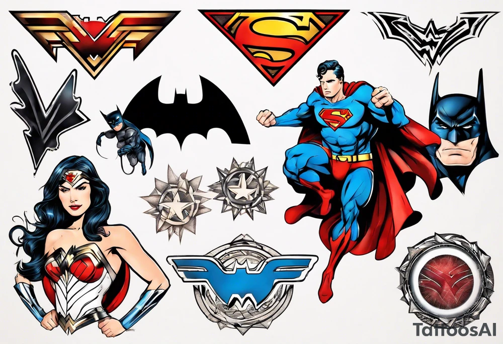 Superman, wonder woman and batman symbols elegantly combined tattoo idea