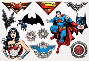 Superman, wonder woman and batman symbols elegantly combined tattoo idea