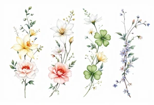 Carnation, Snowdrop, Larkspur, Water Lily, Daffodil, Clover tattoo idea