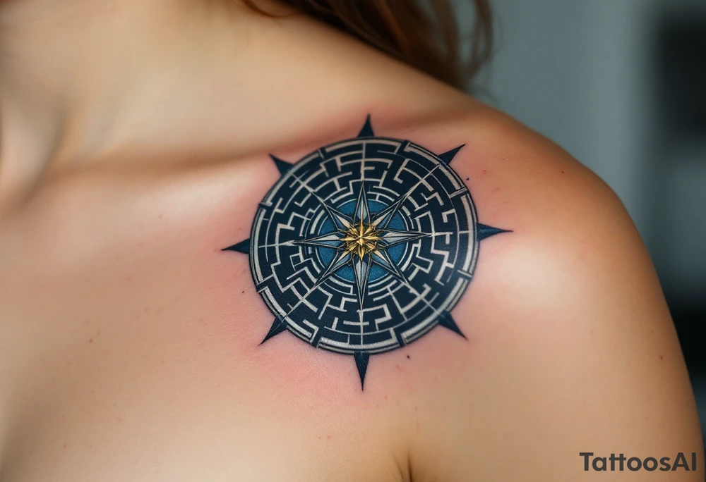 A geometric maze in metallic silver and deep blue tones, with a single golden compass in the center, representing the trials and choices of a Divergent. tattoo idea