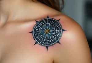 A geometric maze in metallic silver and deep blue tones, with a single golden compass in the center, representing the trials and choices of a Divergent. tattoo idea