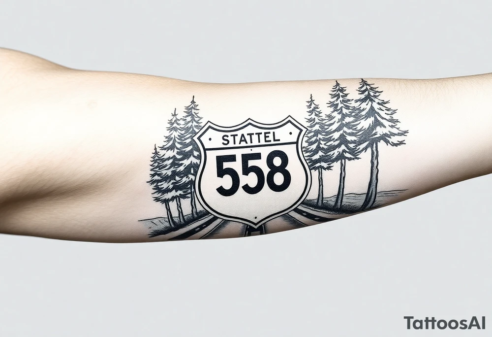 Arm sleeve small State Route sign 558, with trees all around and farm in background, road w/ view facing up the arm tattoo idea