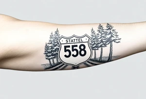 Arm sleeve small State Route sign 558, with trees all around and farm in background, road w/ view facing up the arm tattoo idea