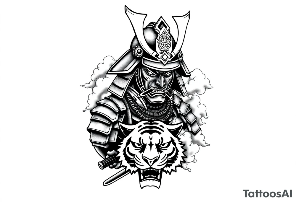 samurai warrior wearing a helmet. Some clouds around, with a tiger’s head beneath, and a samurai sword. This should be a good tattoo for forearm tattoo idea