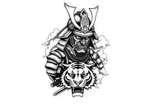 samurai warrior wearing a helmet. Some clouds around, with a tiger’s head beneath, and a samurai sword. This should be a good tattoo for forearm tattoo idea