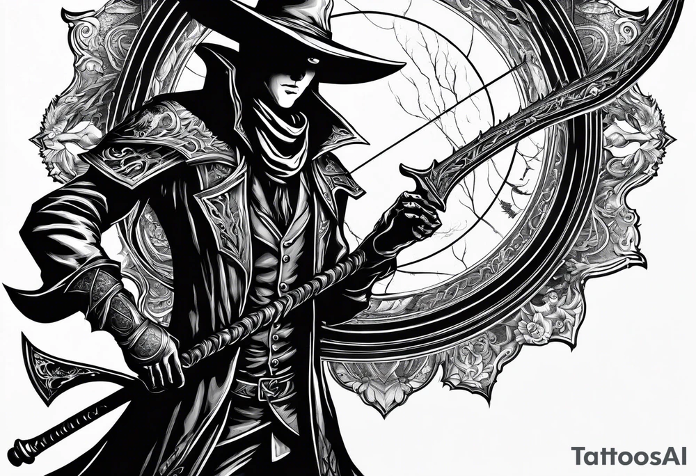 Bloodborne hunter, holding  scythe, howling tattoo idea