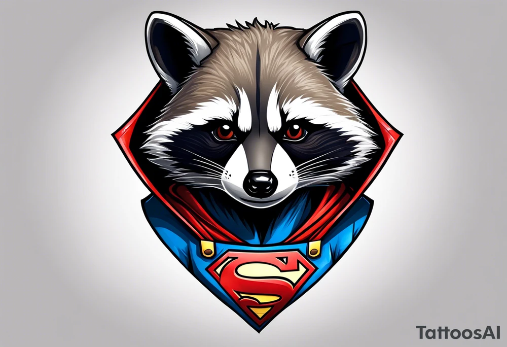 raccoon wearing a Superman hoodie tattoo idea