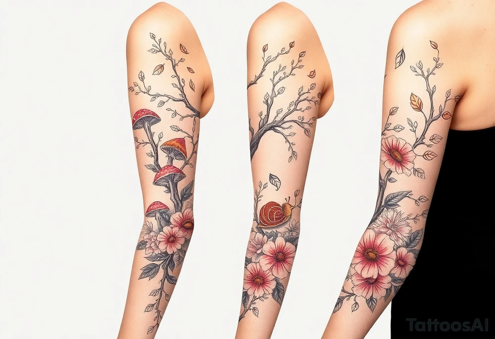 Fall themed sleeve with a tree surrounded by mushrooms, a snail, add some falling leaves off the tree branches, falling rain, and fall themed flowers as background filler tattoo idea