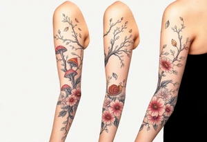 Fall themed sleeve with a tree surrounded by mushrooms, a snail, add some falling leaves off the tree branches, falling rain, and fall themed flowers as background filler tattoo idea