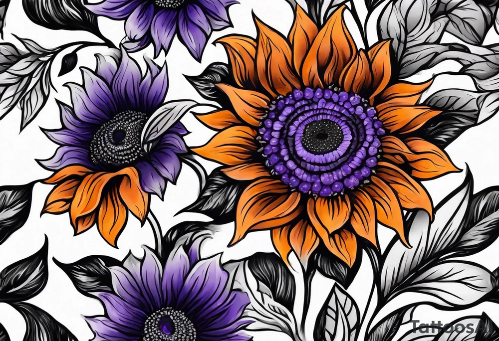 Full arm sleeve with purple, orange and blue sunflowers tattoo idea