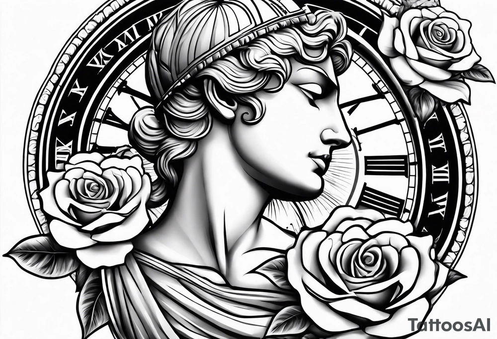 Roman statue next to a rose, clock and script tattoo idea