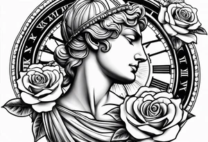 Roman statue next to a rose, clock and script tattoo idea