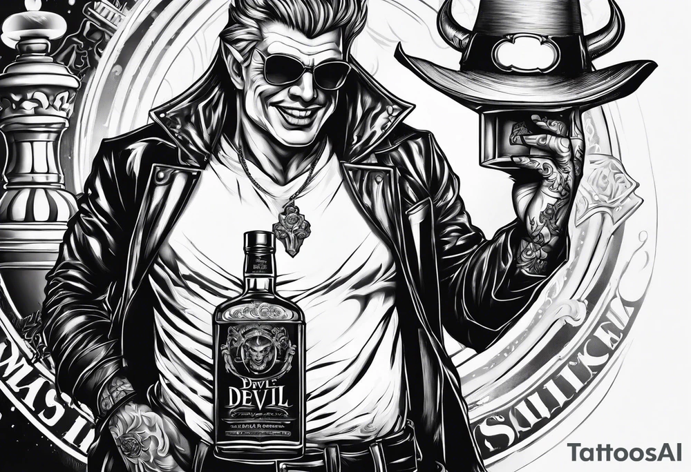 Devil holding whiskey bottle tattoo idea