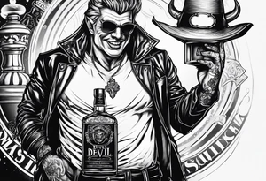 Devil holding whiskey bottle tattoo idea