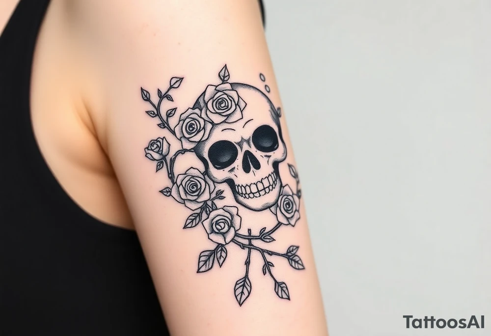 gothic skull intertwined with climbing roses and thorny vines tattoo idea