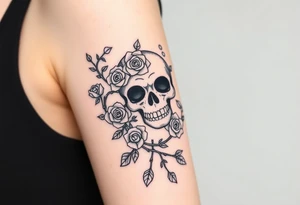 gothic skull intertwined with climbing roses and thorny vines tattoo idea