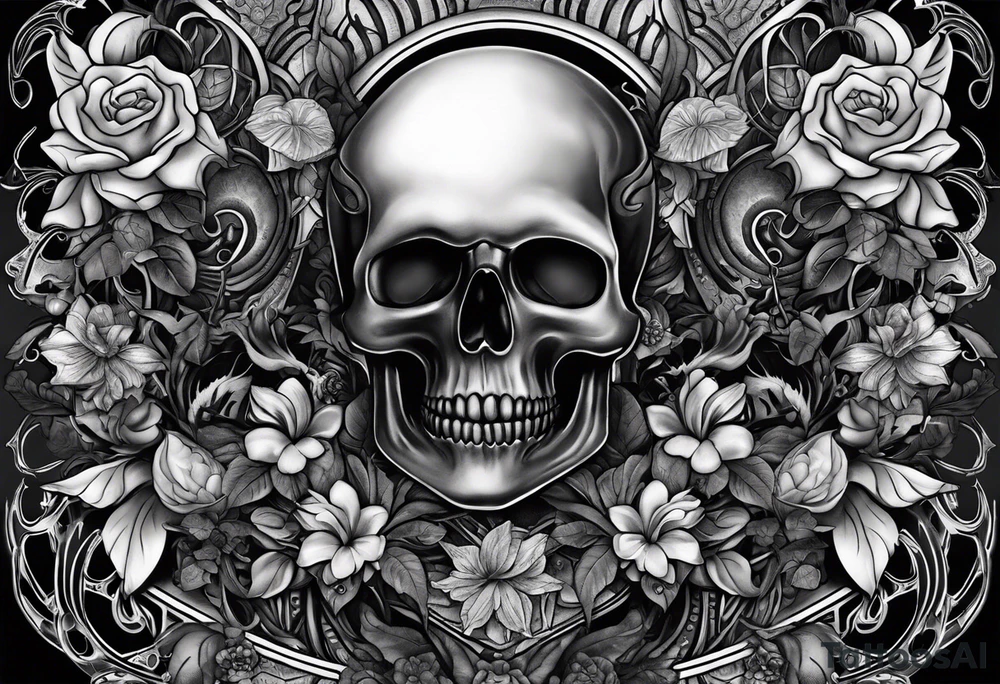 H.R. Giger tattoo with realistic evil skull, various flowers, water and fall colors tattoo idea