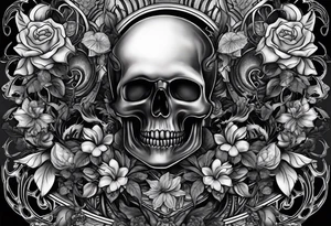 H.R. Giger tattoo with realistic evil skull, various flowers, water and fall colors tattoo idea