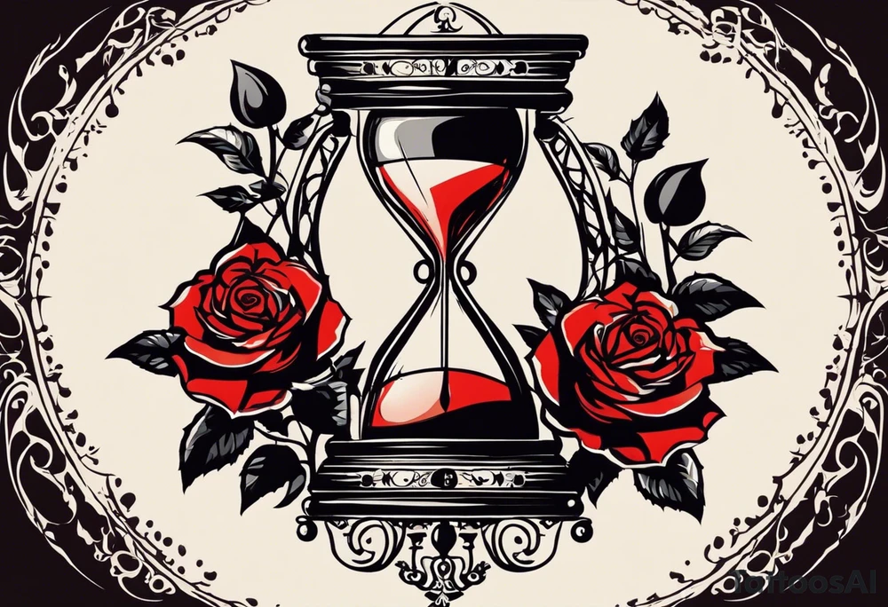 I want a tattoo-inspired design for a t-shirt that features a striking hourglass with a hand clock in the center, where the clock numbers are Amazigh numerals. The hourglass should have a bold, detailed look, with sharp lines and shading. Thorny roses should wrap tightly around the hourglass, with their vines and thorns creating a sense of depth and movement. Planets and stars should be incorporated in a way that they appear to orbit or emerge from behind the hourglass, giving the design a cosmic, timeless feel. The overall aesthetic should be bold and detailed, similar to blackwork tattoo designs, with a mix of natural and celestial elements."
black and whit design tattoo idea