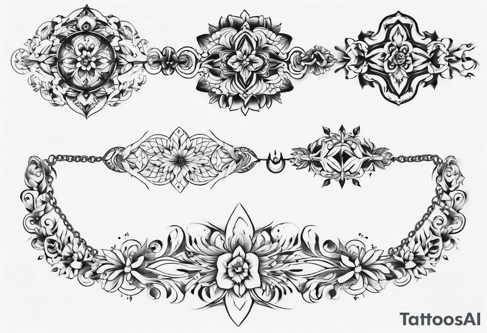 Ankle bracelet tattoo with ornamental feminine style and larger in the centre. Show on ankle tattoo idea