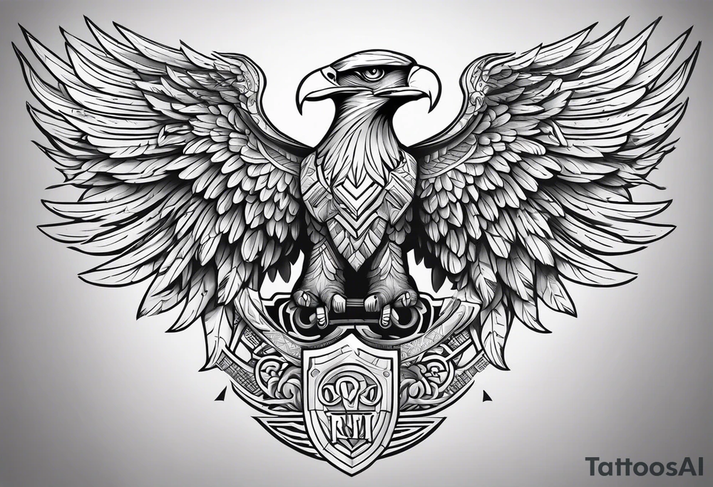 upper back and shoulder tattoo eagle wings with spartan helmet in middle with letters RELJA on top, maori style tattoo idea
